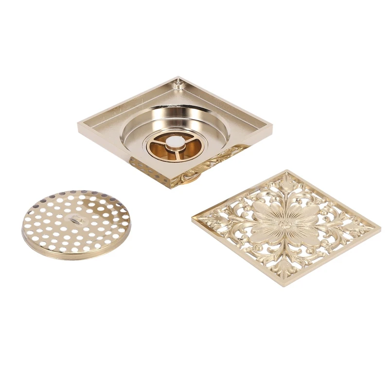 Золотой квадратный половой сифон для душа с ситом и фильтром для очистки сточных вод в ванной комнате или туалете.