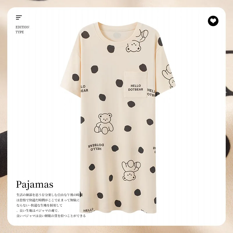 

Nightdress Women Summer Nightgown Loose Short Sleeve Sleepwear Cotton Loungewear Cartoon Polka Dot Bear Cute Women's Night Gowns