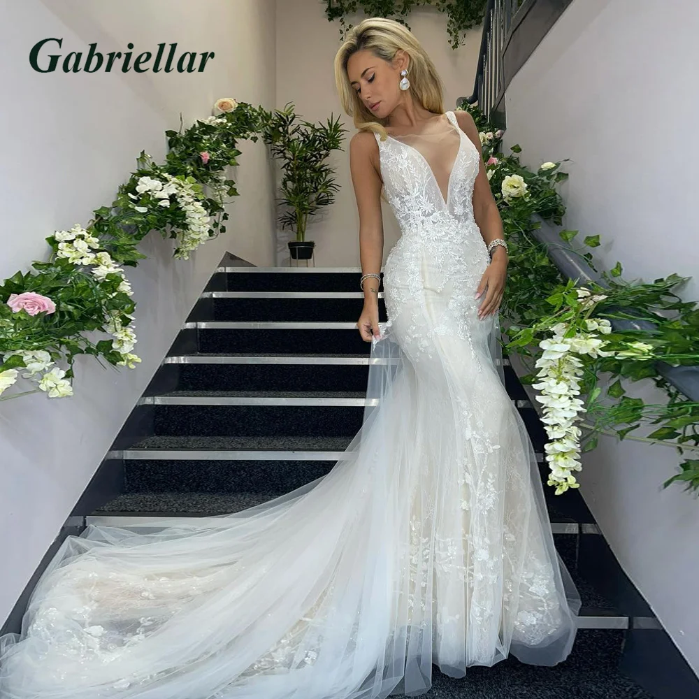 

Gabriellar Chic Trumpet Wedding Dress Deep V-neck Sleeveless Lace Appliques Backless Shinny Vestido De Noiva Custome Made