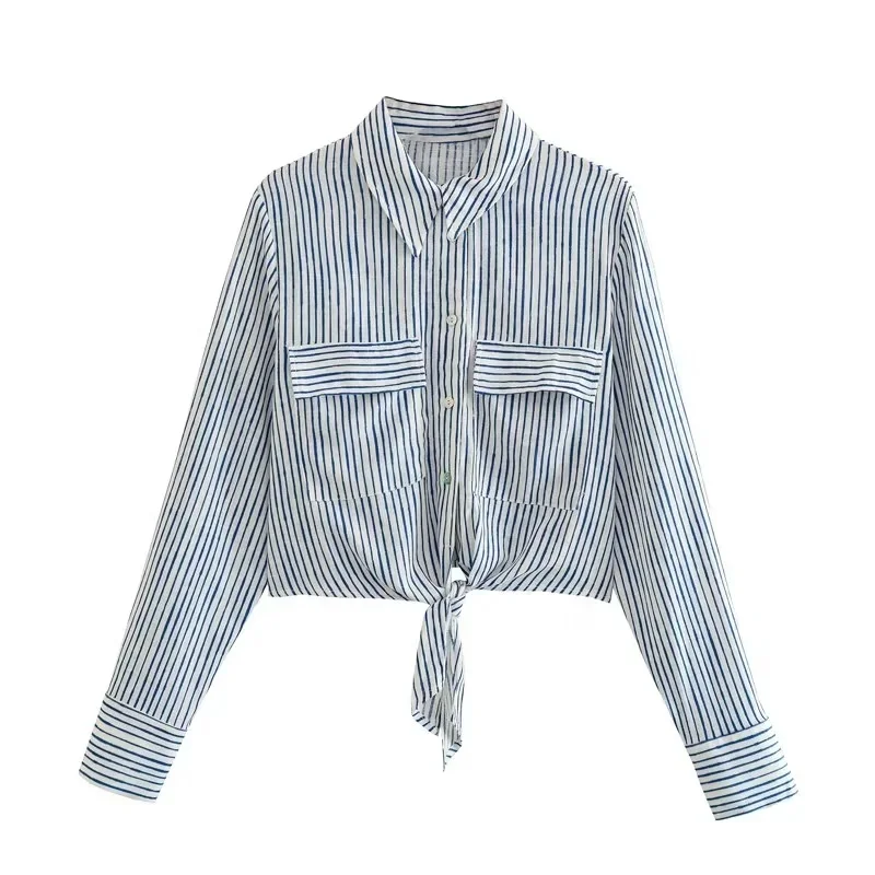 

TRAF Women Stripe Knotted Shirt Lapel Collar And Long Sleeves Front Patch Pocket Decorat Knot At Hem Blouse New Design 2023 New
