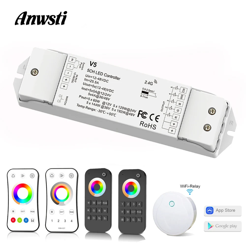 Светодиодный пульт управления RGBCCT, 12 В, 24 В, 5 А, 5 каналов, 2,4 ГГц