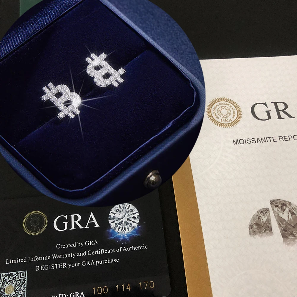 New Bitcoin Moissanite Earrings S925 Silver Real Diamond Ear Studs For Women Men Jewelry Pass Tester Come With GRA