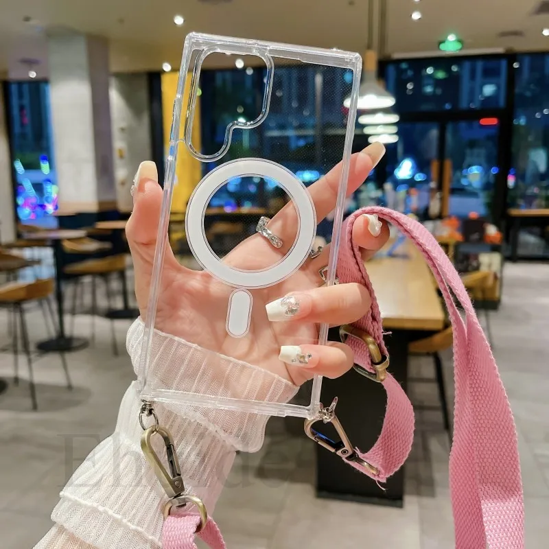 Фото Прочный чехол-ремешок для Samsung Galaxy S26 Ultra S25 FE S23 S24 Plus A17 с магнитным креплением, шнурком-ремешком и прозрачной накладкой №1