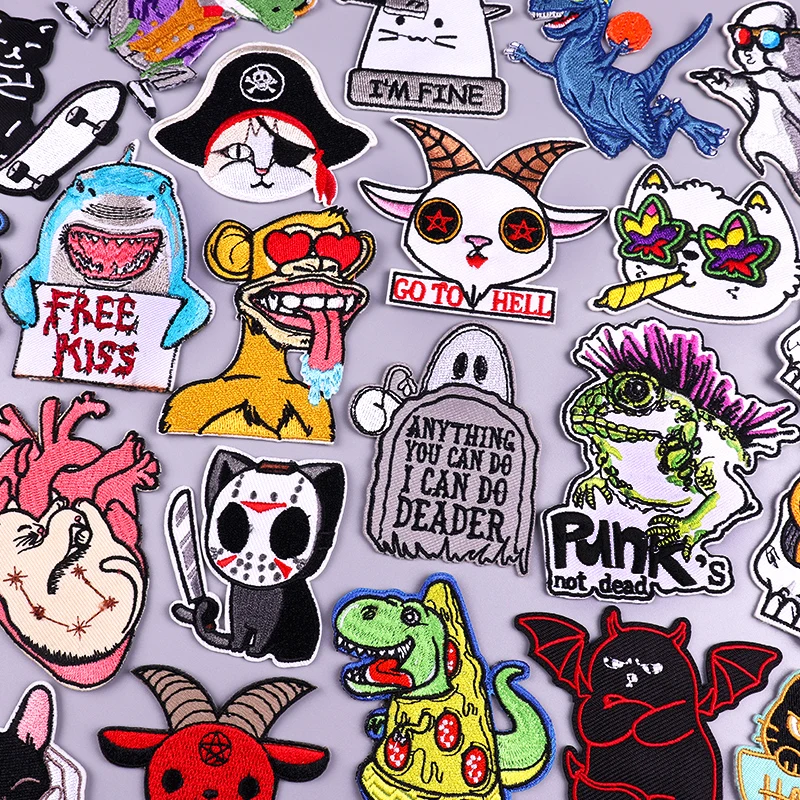 

Punk Animal Embroidery Patch Cartoon Animal Cat Patches For Clothing Thermoadhesive Patches On Clothes Hippie Dinosaur Badges