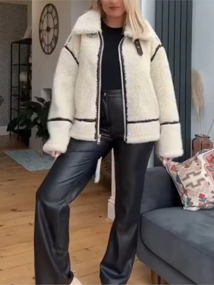 

Женская шерстяная куртка с отложным воротником, элегантная теплая Свободная куртка на молнии с воротником-стойкой и длинным рукавом, Повседневная Уличная одежда, осень-зима 2023