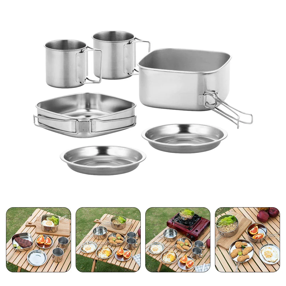 

1 Set of Multi-function Camping Pan Foldable Handle Cooking Pot Pan Combined Camping Cookware