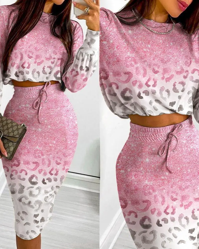 2023 Spring Women's New Skirt 2-piece Set, Pink Leopard Print Casual Suit Women