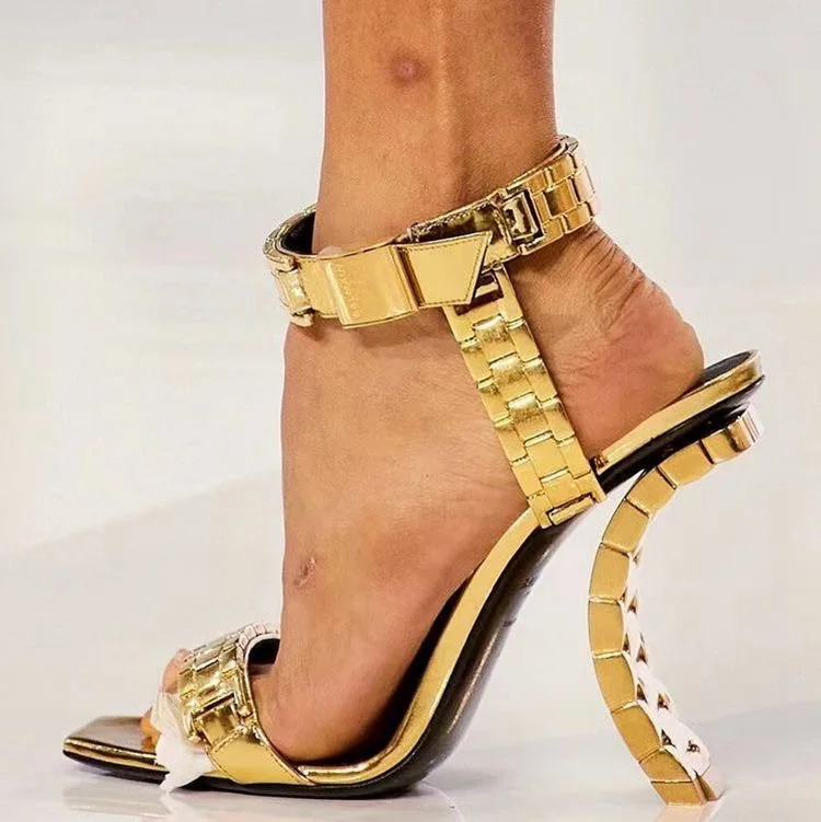 

Runway High Heel Sandals One Word Belt Women Narrow Band Metal Chain Ankle Strap Sandalias Summer Sexy Party Dress Shoes 2022