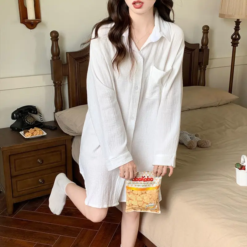 QWEEK Cotton Sleeping Shirt Woman Cardigan Home Clothes Casual Long Sleeve Print Sleepwear Korean Style Gauze Soft Nightie