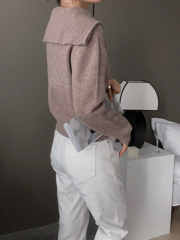 Пуловер женский из 100% мериносовой шерсти на молнии с отложным воротником