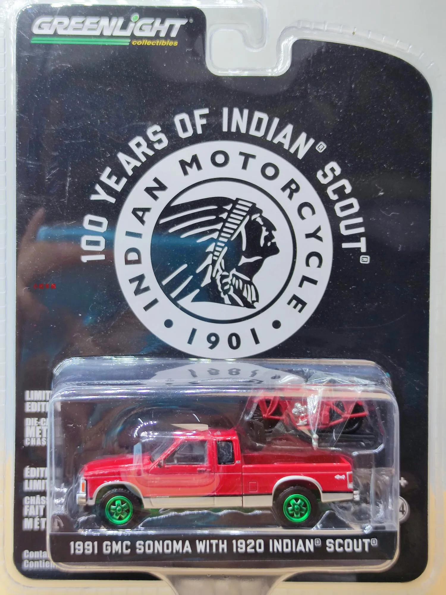 

1: 64 1991 GMC Sonoma Extended Edition&1920 Indian Scout Centennial Motorcycle Green Edition Collection of car models