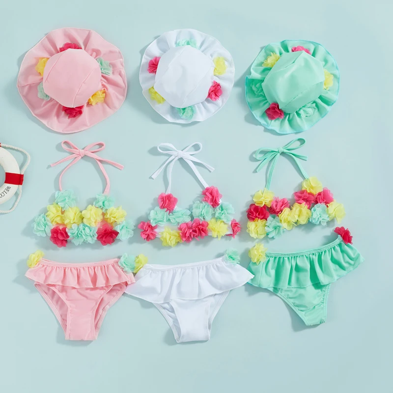 

Купальник с цветочным рисунком для маленьких девочек, комплект бикини из 3 предметов, с лямкой на шее, с оборками, нижнее белье, Солнцезащитная шляпа, купальный костюм, купальники