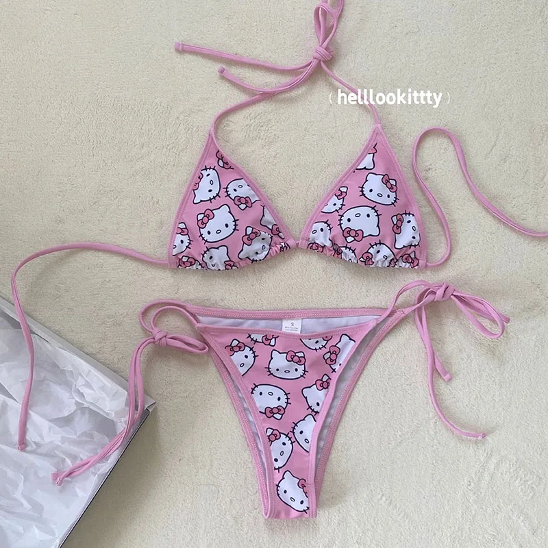 Hello Kitty Pink Bikini Cartoon Student Kawaii Girl Summer Beach Vacation Swimsuit Underwear Pant Cosplay Clothes Birthday Gift images - 6
