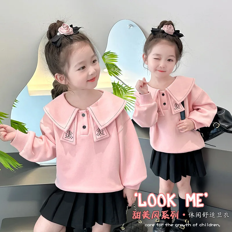 

Fashion Pink Girls Sweatshirt New Spring Autumn Korean Preppy Style Lapel Loose Solid Color Pullover 2-8 Years Girl Tops
