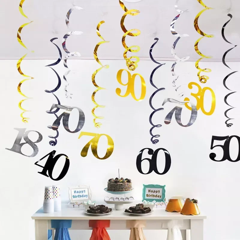 

NEW IN 6pcs/pack Spiral 18 21 25 30 40 50 60 70 80 90 Years Old Birthday Swirls Hanging Ornaments Black Gold Silver birthday Dec