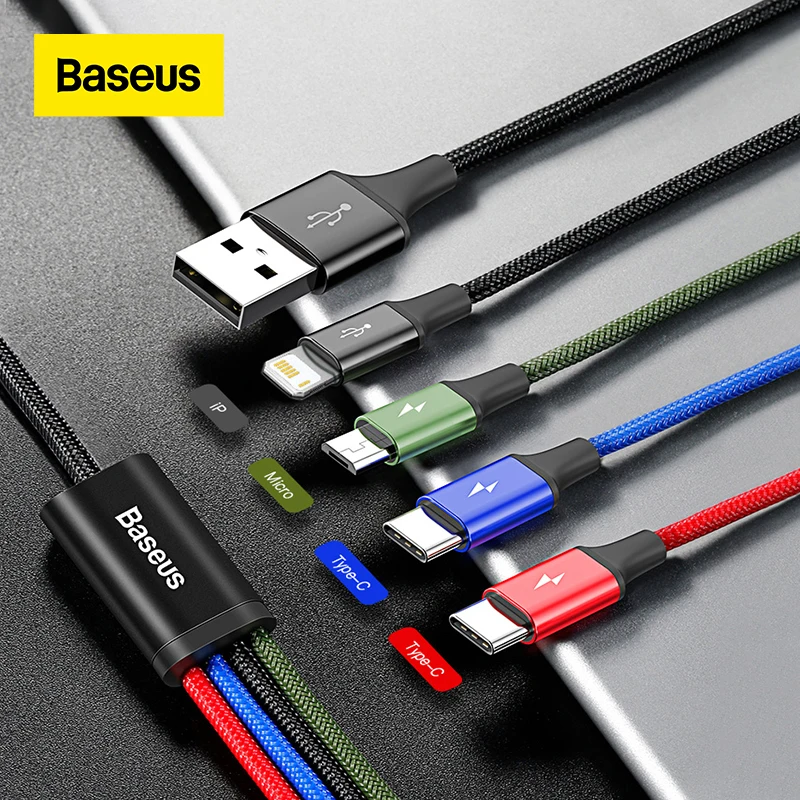 Кабель Baseus 4 в 1 USB Type C для iPhone 11 Pro Max 3 в 1, USB-кабель USB C, кабель для Samsung Xiaomi Note 8 Pro, кабель Micro USB