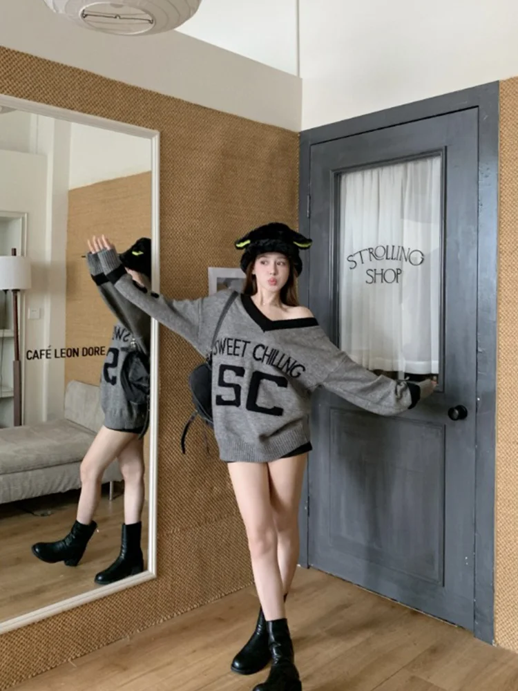 Qiake Girl ~ свитер контрастного цвета с вышивкой букв женский осенний шикарный