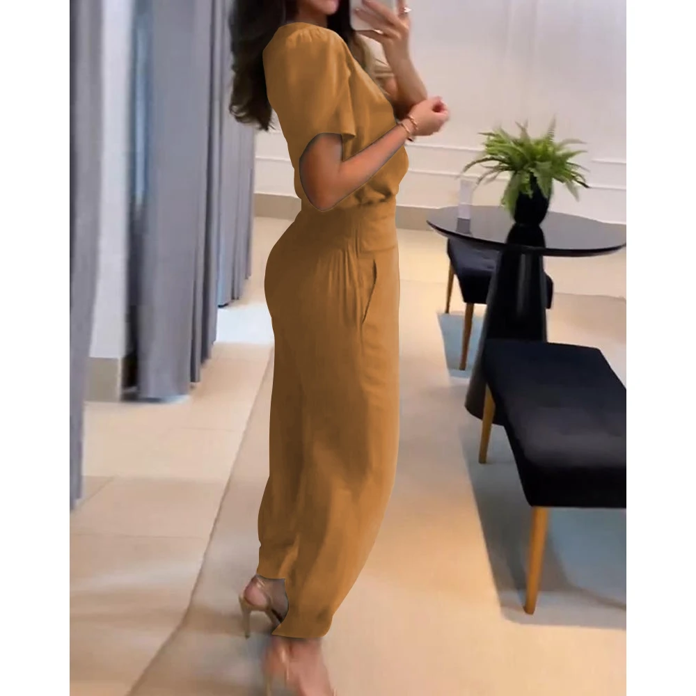 Women Puff Sleeve V-Neck Short Sleeve Top & High Waist Cuffed Pants Set Casual Femme Fashion Two-Piece Set Woman Outfits Clothes