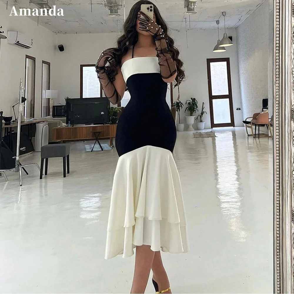 

Amanda Sexy Strapless Mermaid Prom Dress Black White Fishtail Formal Prom Dress Trumpet Knee Lenght فستان سهرة Evening Dress