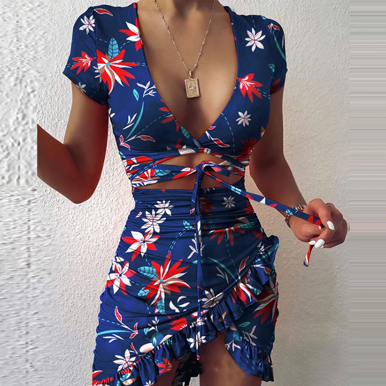 

Women Summer Elegant Ruched V Neck Print Sexy Cocktail Party Robe Lady Vintage Lace-up Short Sleeve Ruffles Mini Dress Vestidos