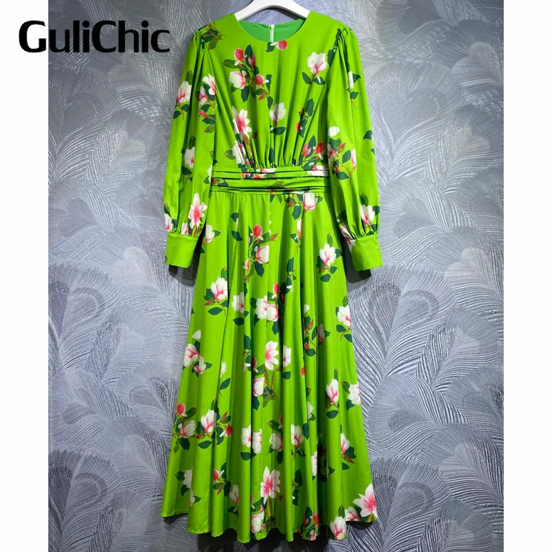 

10.9 GuliChic Fashion Flower Print Round Neck Lantern Sleeve Folds Collect Waist Slim Temperament Green Long Dress Women