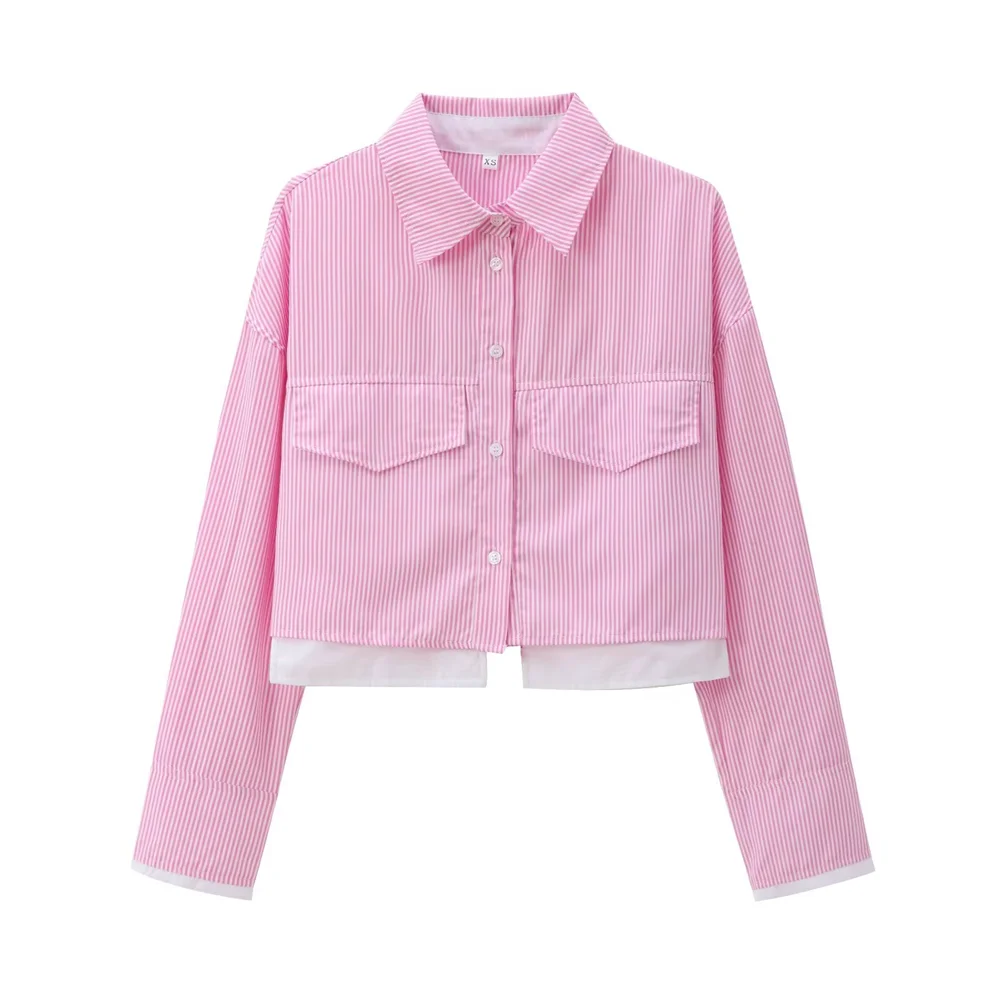 Женская короткая рубашка в полоску с длинным рукавом и воротником