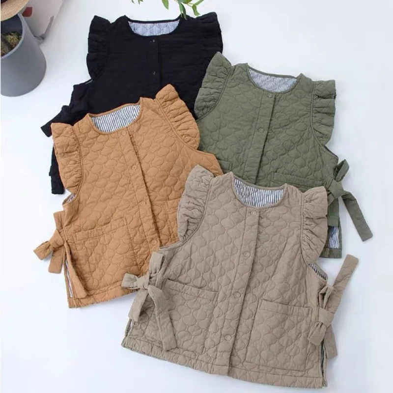 

Johnature Mori Cotton Warm Layered Vests 2022 Autumn Winter New Casual Ruffles Tie Pockets Solid Color All Match Women Vests