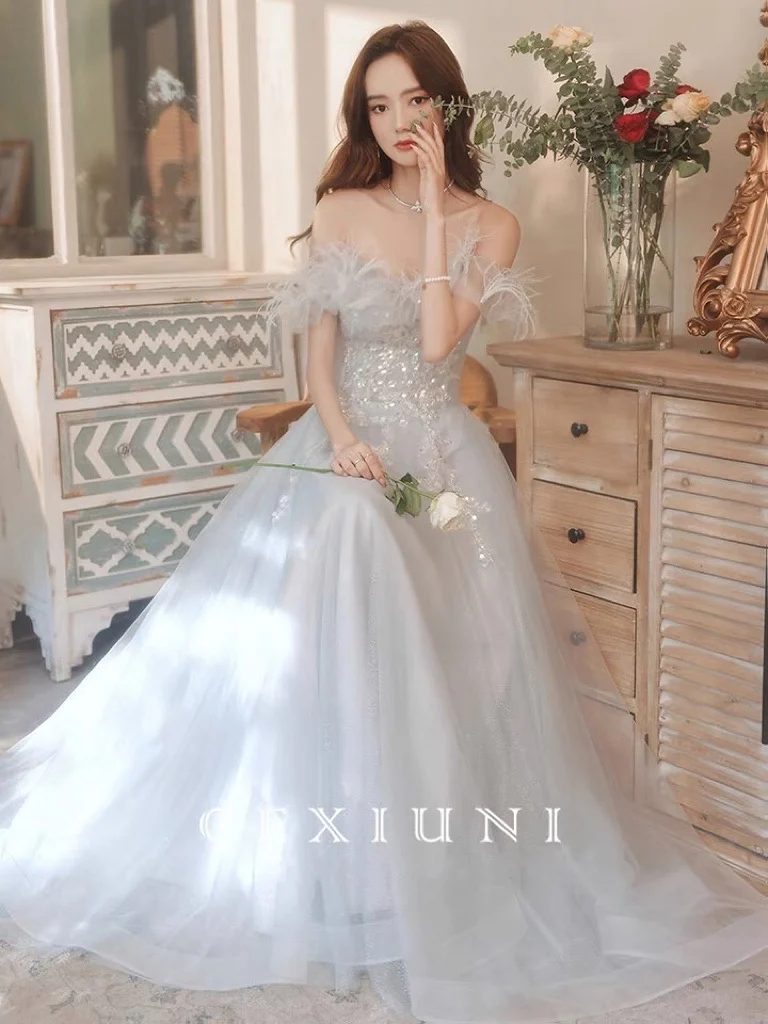

Blue Gray Evening Gowns Applique Sequined With Feather Off The Shoulder Wedding Formal Party Lace Up Robes De Soiré Prom Dresses