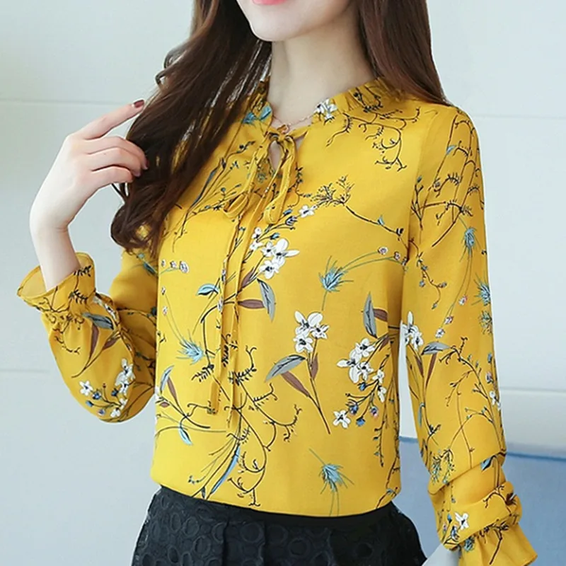 Женская шифоновая блуза с цветочным принтом V-образным вырезом и длинным рукавом
