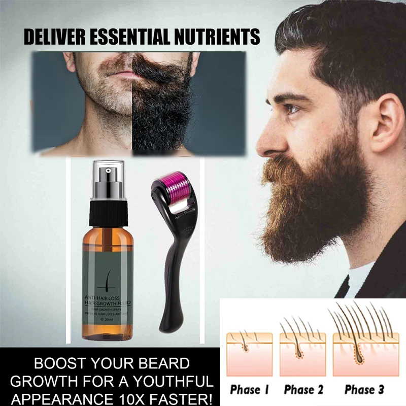 

30ml Men Hair Beard Growth Roller Set Beard Growth Kit Men's Beard Growth Essence Nourishing Enhancer Beard Oil Spray Beard Care