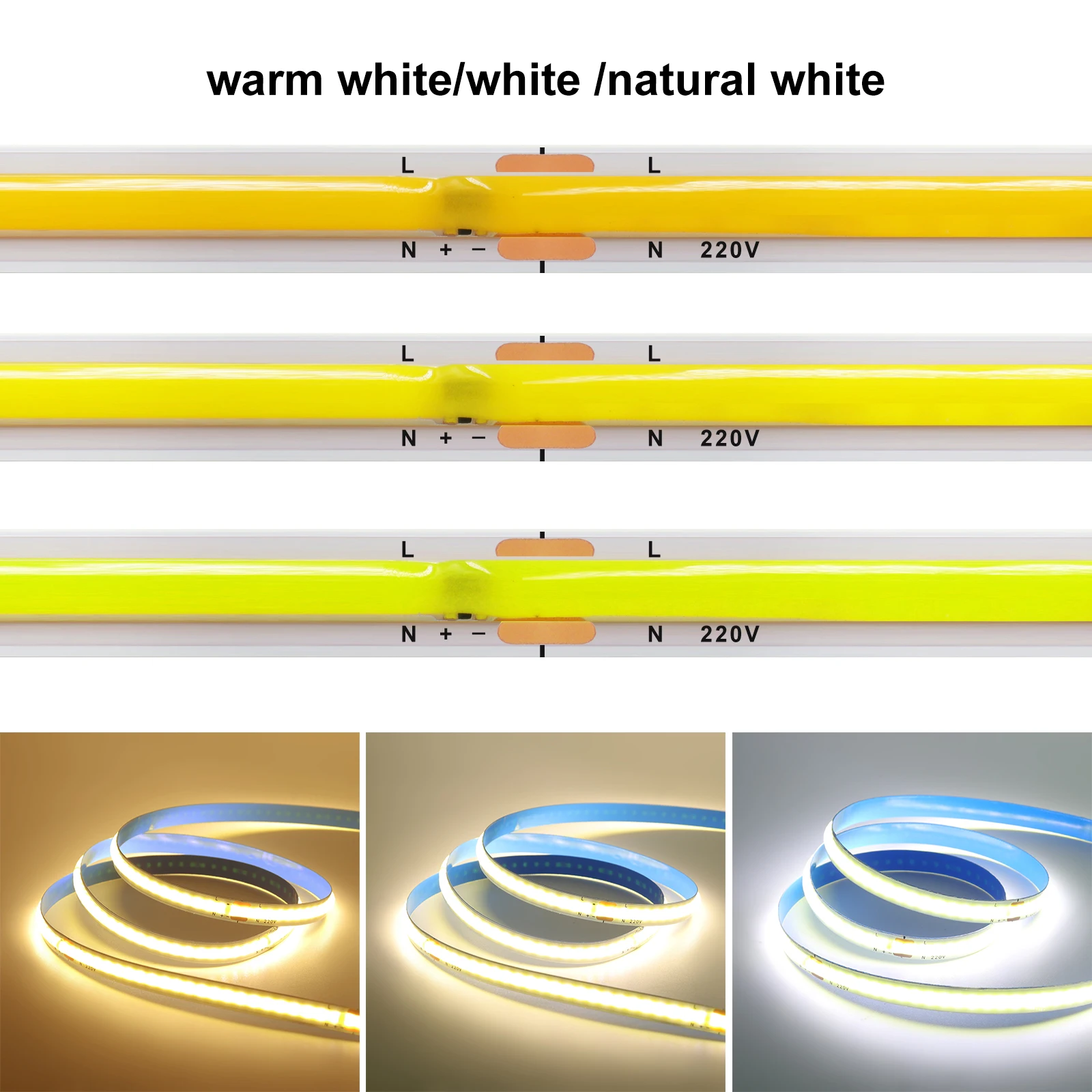 AC220V COB Strip Light 240LEDs/m 8mm PCB Adhesive 3000K 4000K 6000K High Density Linear Lighting Bar For Home Decor