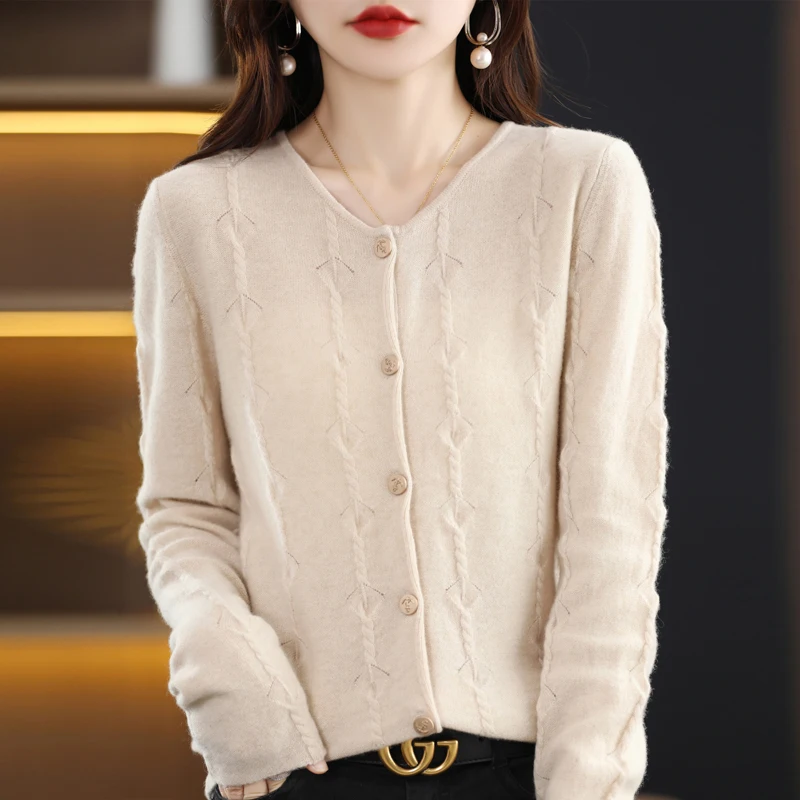 

Женский новый свитер S-XXL из 100% шерсти, Модный Универсальный однотонный вязаный кардиган с V-образным вырезом, Женский кашемировый свитер на весну и осень
