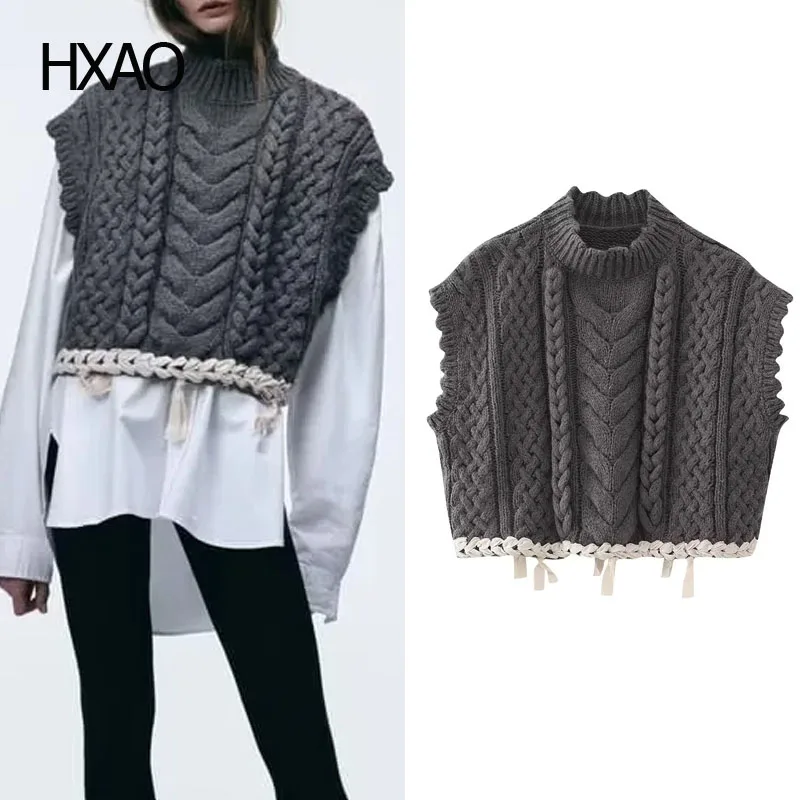 

HXAO Knitted Vests for Women Knitwear Sleeveless Vest Lace-Up Knit Pullover Waistcoat Autumn Cropped Sweater Vests Outerwear
