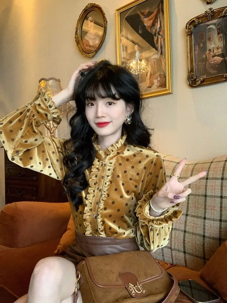 Винтажные топы с расклешенными рукавами женская блузка свободные ретро рубашки