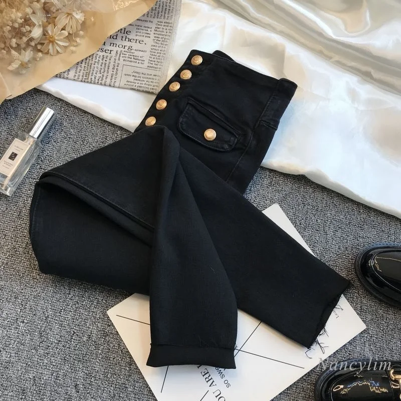 

Женские однобортные джинсы с высокой талией, черные облегающие эластичные брюки, новинка весны 2022, универсальные стройнящие брюки в Корейс...