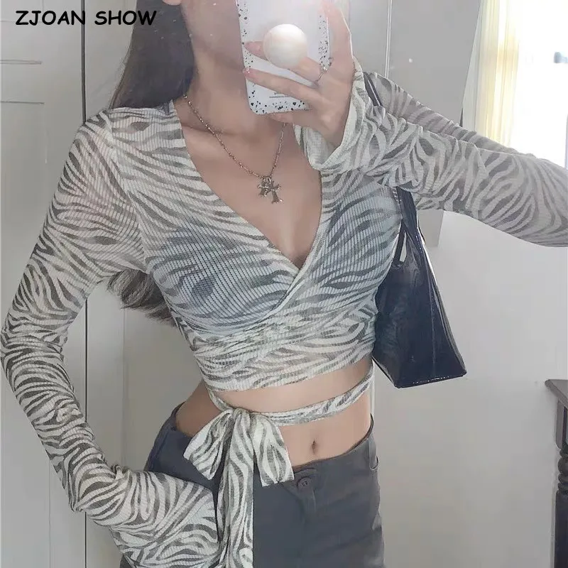 

2023 Sexy Zebra Striped Print Bow Bandage Lacing up Waist Wrap Tee Skinny Women Cross V neck Full Sleeve Base T-shirts Crop Tops