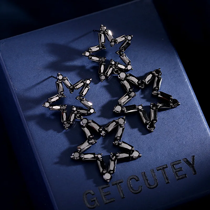 

Серьги из серебра S925 пробы с крупными иглами, модные серьги в форме звезды, нишевые французские Ретро Черные двухслойные пятиконечные серьг...