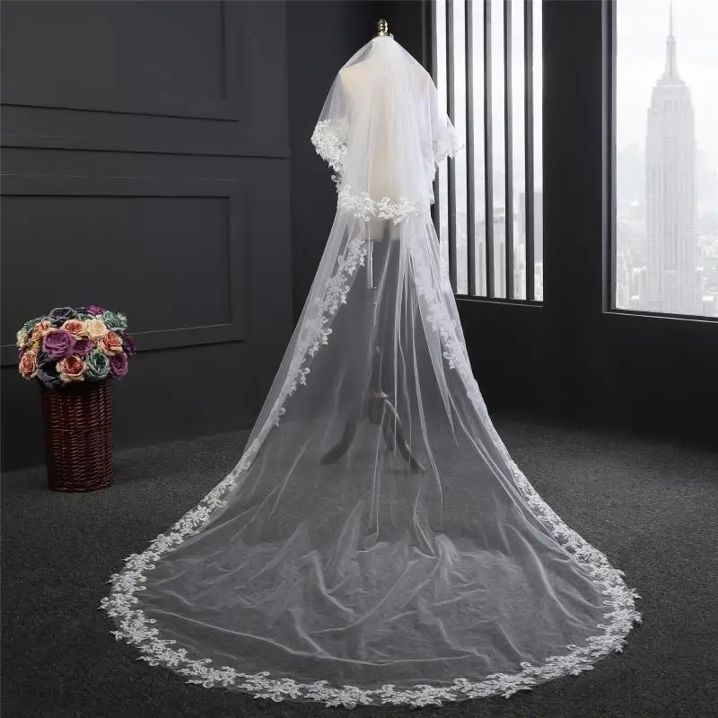 

Bridal Veils 380*150cm Luxury Lace Long Tulle Wedding Two Layer With Metal Comb White Ivory For Bride Marriage Accessorie