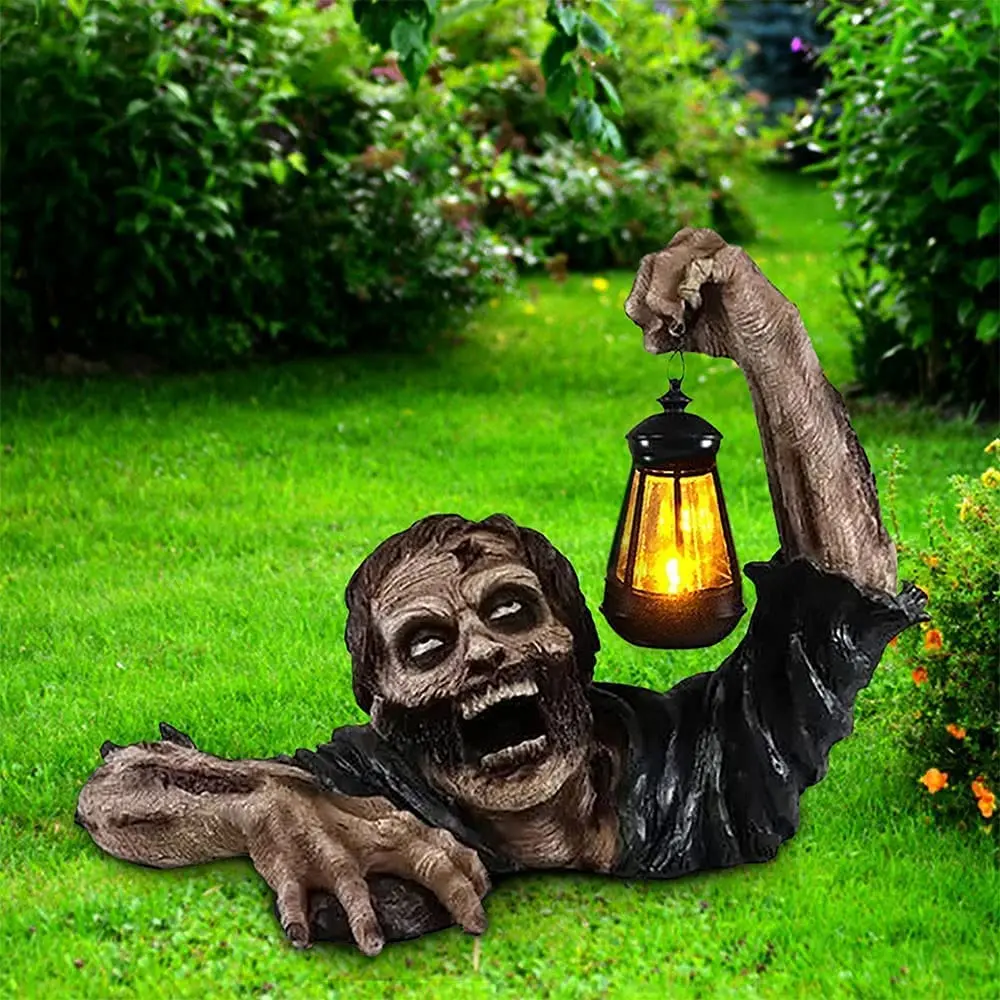 Halloween Zombie Statue with LED Lantern Zombie Gnome Garden Statues Zombie Crawling for Halloween Outdoor Garden Patio Outdoor