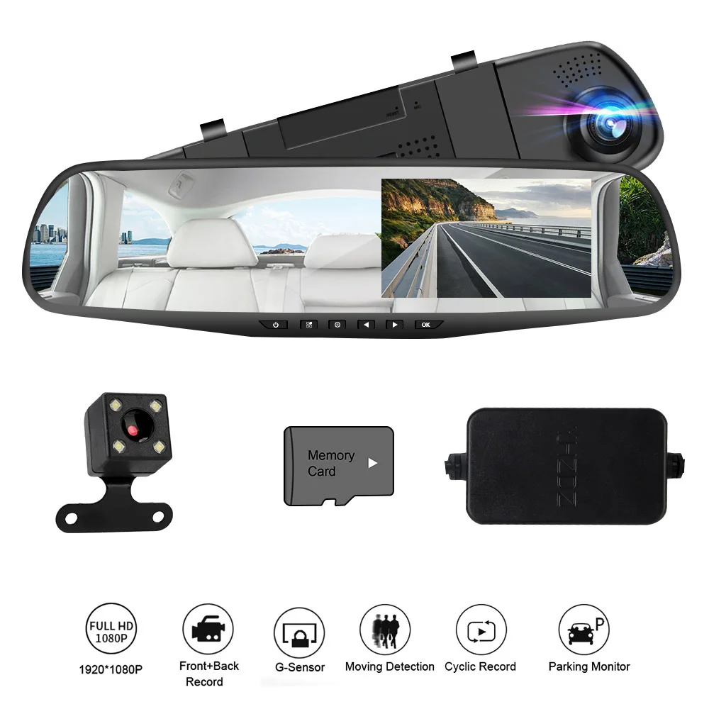 

Камера в зеркале заднего вида 4,3 дюймовый видеорегистратор, Автомобильный видеорегистратор, видеорегистратор, понижающий линию, реверсивное изображение, авторегистратор с двумя объективами