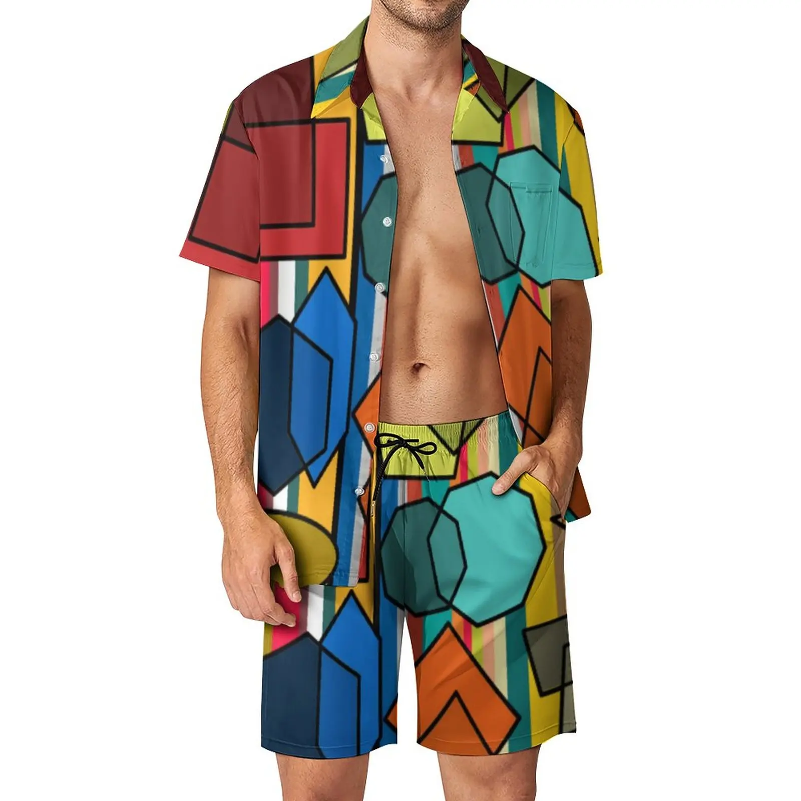 

Lines Print Men Sets Bauhaus Shapes Casual Shorts Fitness Outdoor Shirt Set Streetwear Design Suit Short Sleeve Oversize Clothes