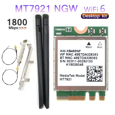 Б/у Настольный комплект MediaTek MT7921 Wi-Fi 6 1800 Мбит/с Bluetooth беспроводная карта 802.11AX 8DBi антенны NGFF m2 для Windows 10 / 11