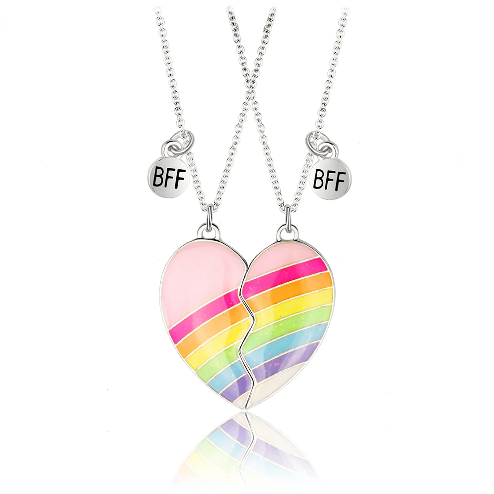 1pair/pack Alloy Rainbow Friendship Fashion Pendant Cute Heart Shaped Gift Best Friend Necklace Love Couple For Girls Women images - 6