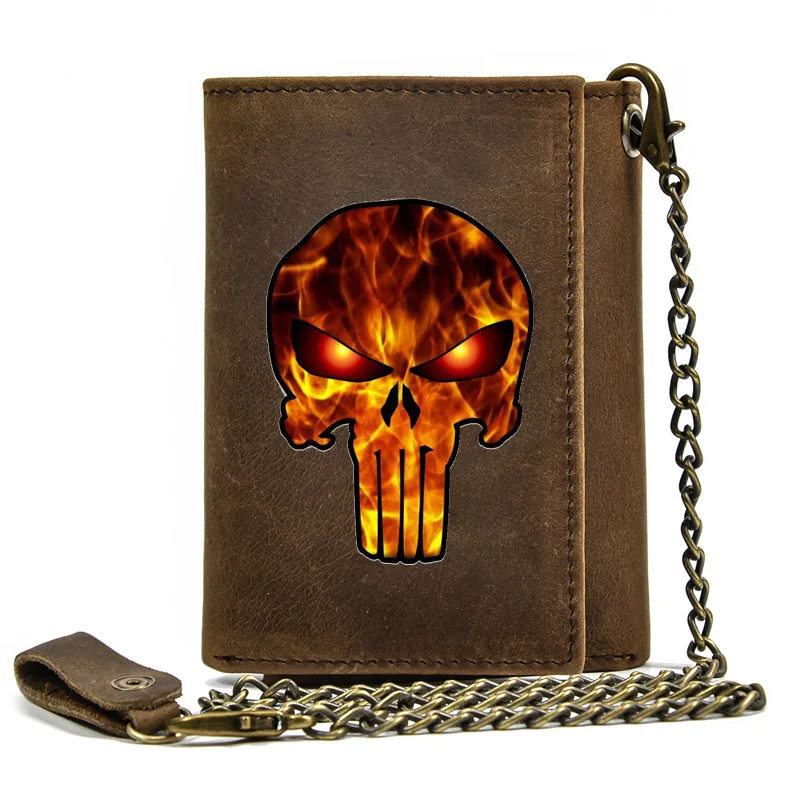 

Genuine Leather Men Wallet Anti Theft Hasp With Iron Chain Classic Military Fire Skull Cover Card Holder Rfid Short Purse
