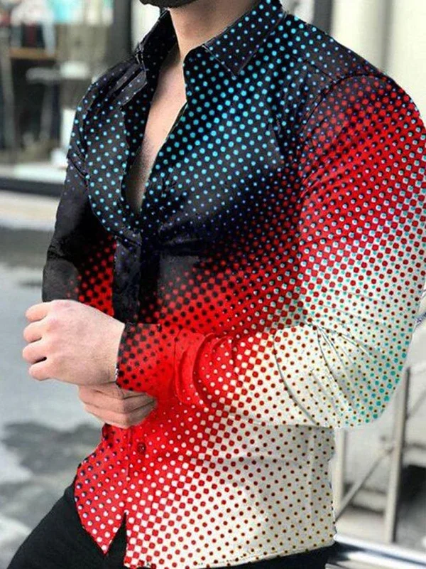Spring Autumn Square Mesh Gradient Men's 3d Shirt Fashion 3D Printed Shirt Lapel Button-Up Shirt Casual Long Sleeve Top S-4XL