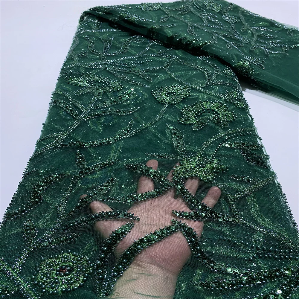 

African Lace Fabric 2022 Pearls Embroidery Beaded French Tulle Nigerian Lace Fabrics 5 Yard For Bridal Party Dresses