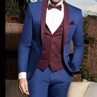 Fashion Shawl Lapel Royal Blue Men Blazer Trousers Wedding Dress Dinner Party Wear Business Suit 3Pcs Jacket+Pants+Burgundy Vest