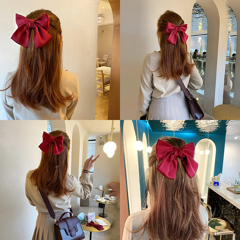

Solid Color Bow Women Silk Scrunchie Fashion Vintage Cross Hairclips Hairpins Girls Sweet Headwear Big Size Makeup Barrettes