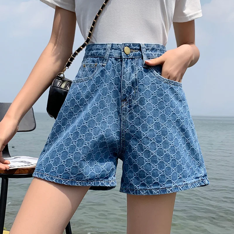 

Plaid blue shorts High Waist Wide Leg Jeans Women's summer 2022 new loose A-line fashion hot pants embroidered slim pants