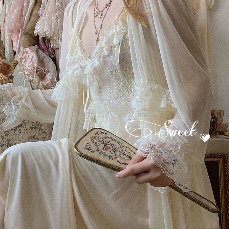 Spring Nightdress Women Lace Nightgown Retro French Vintage Thin Loose Sleepwear Elegant Dressing Gown Lounge Home Dressing Gown